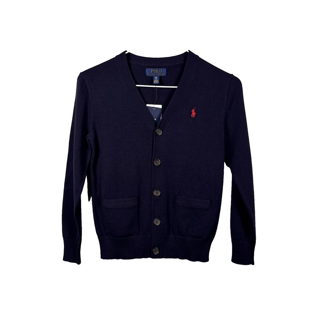 Ralph Lauren Boys Cardigan Navy Blue Size Small 8 Red Pony Logo
